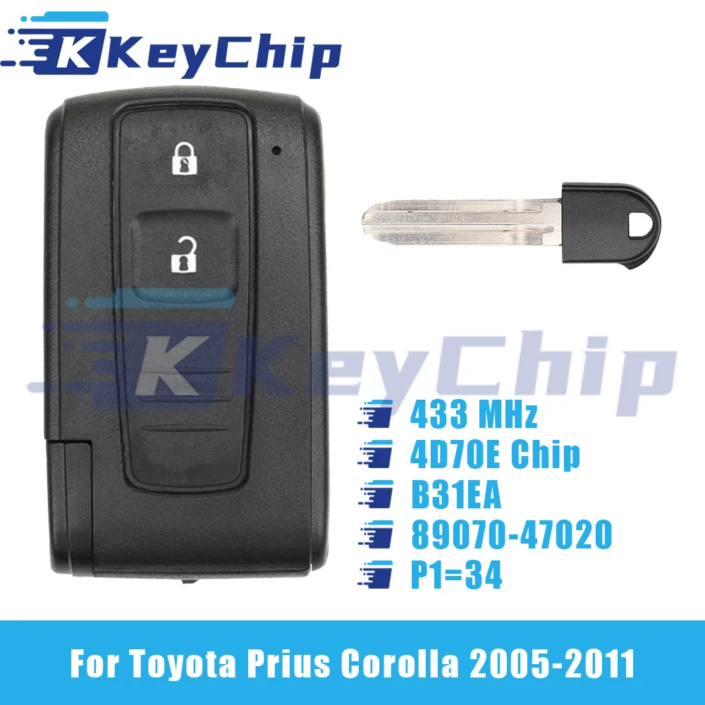

KeyChip Pro для Toyota Prius Corolla 2005-2011, 2 кнопки, смарт-ключ, 433 МГц, чип 4D70E, B31EA 89070-47020 P1=34