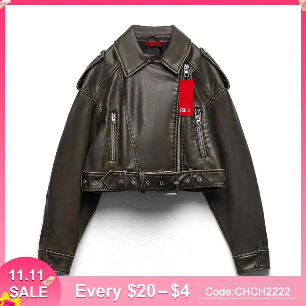 

2023 Women's Vintage Loose Pu Faux Leather Short Jacket with Belt Streetwear Female Zipper Retro Moto Biker Coat Outwear Tops