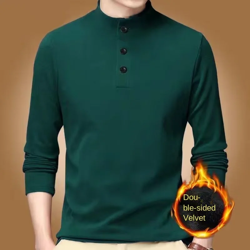 

Men's long sleeved T-shirt, men's thick and plush, youth large autumn clothes, autumn and winter half high collar, double-sided
