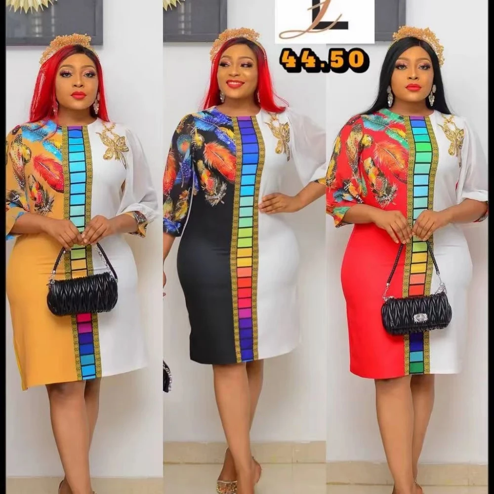 

African Dresses For Women Party Dashiki Clothing Flower 3/4 Sleeve Midi Dress Robe Africaine Femme Clothes Africa Dres 2022