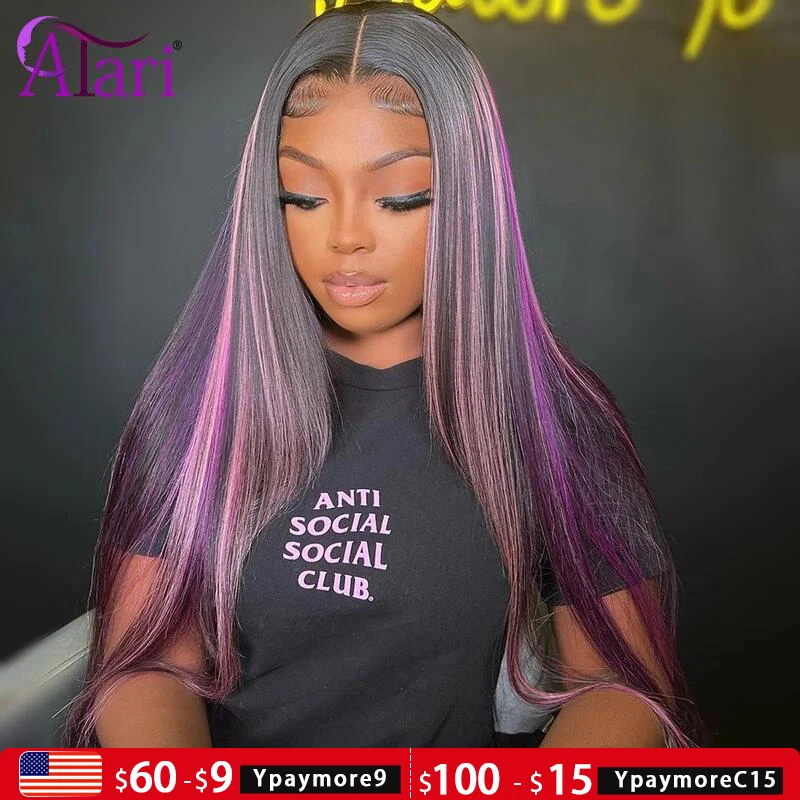 Highlight Purple with Pink Straight Human Hair Wigs Transparent Brazilian 13x4 Lace Frontal wig 5x5 lace Closure Wig Pre Plucked