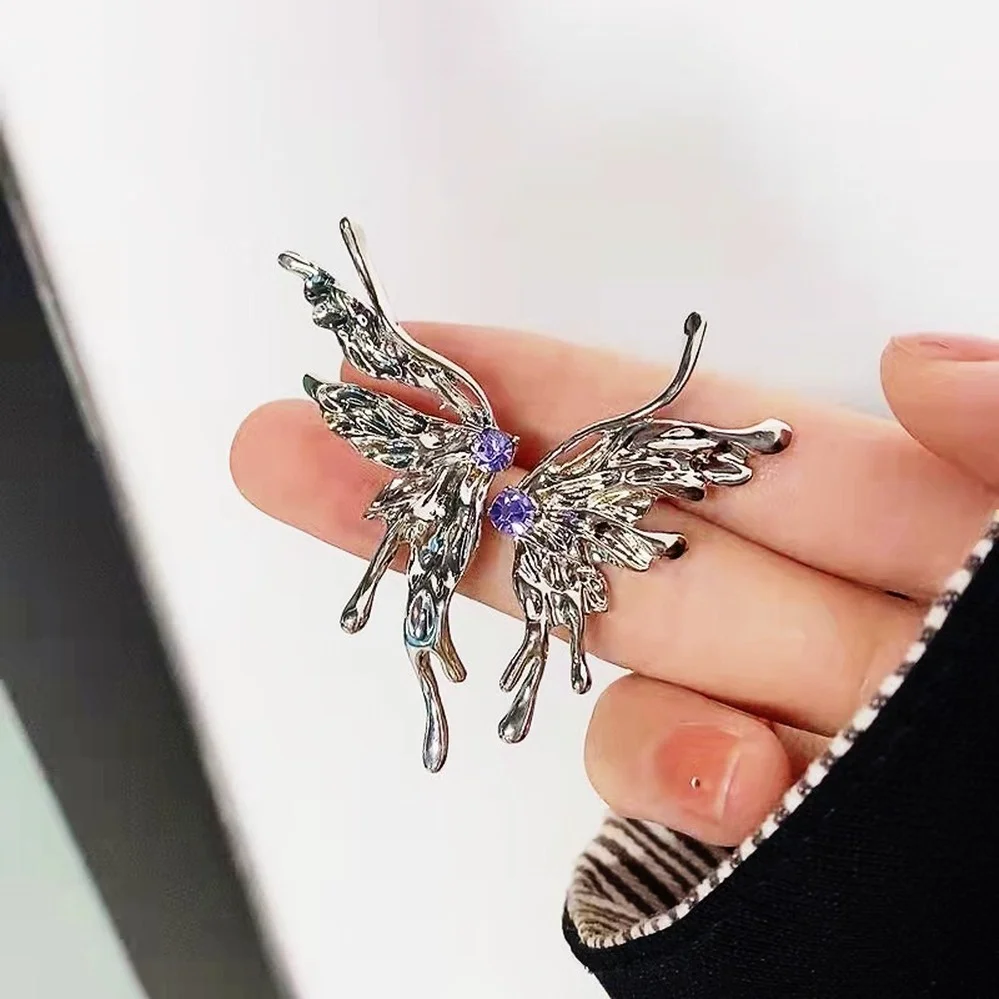 

Fashion Silver Big Butterfly Earrings for Women Metal Asymmetrical Liquid Ear Studs Charm Girl Ear Hoops Trend Jewelry Gifts Hot