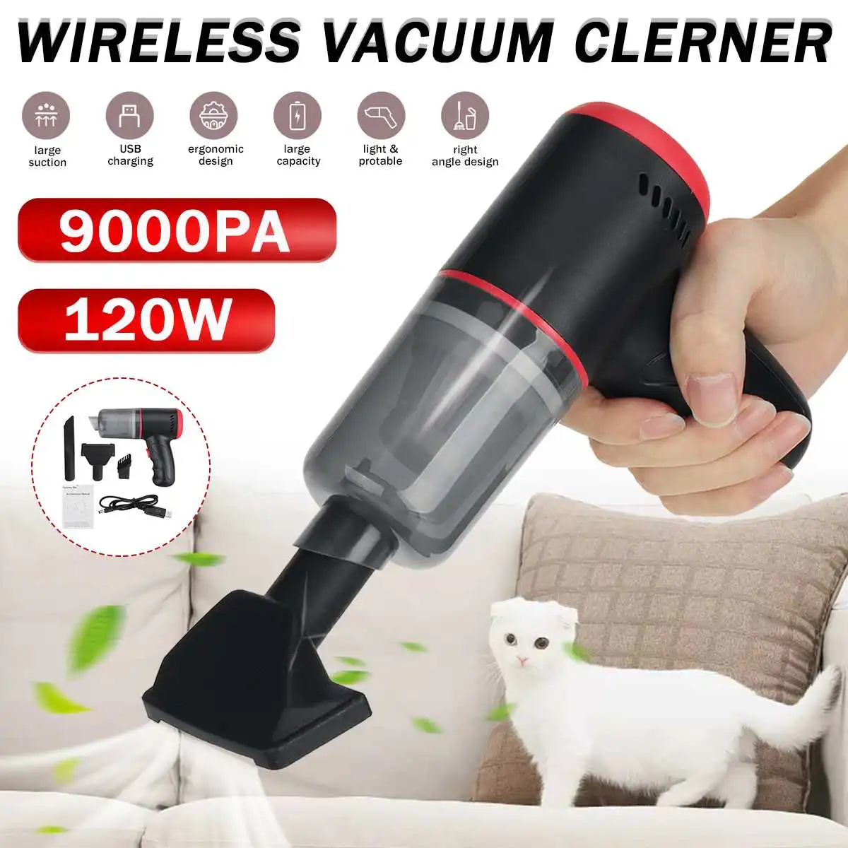 

9000Pa 120W Wireless Car Vacuum Cleaner Home Car Dual-purpose Cordless Handheld Mini Auto Vacuum Cleaner With Built-in Battery