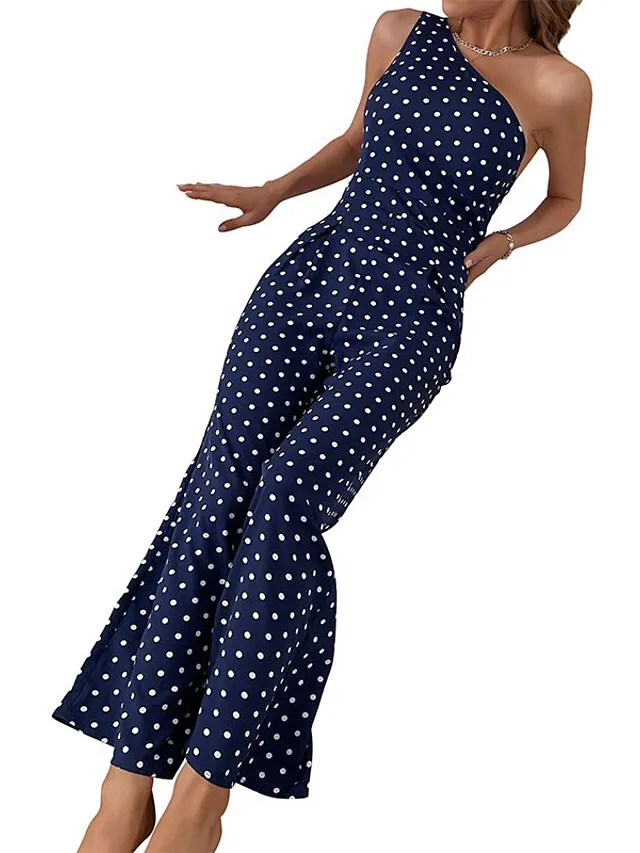 

Women's Jumpsuit Backless Print Polka Dot One Shoulder Holiday Street Going out Regular Fit Sleeveless Navy Blue S M L Spring