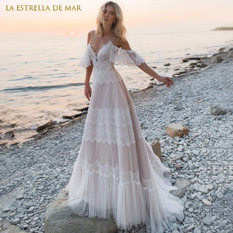 

boho wedding gown for bride sexy sweetheart lace spaghetti straps beach batas de novia para boda romantic sukienka elegant robe