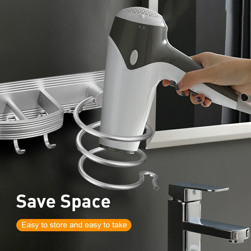 

Space Aluminum Bathroom Hook Hair Dryer Rack Wall-mounted Toilet Storage Tool Punch Installation Bathroom Accessories