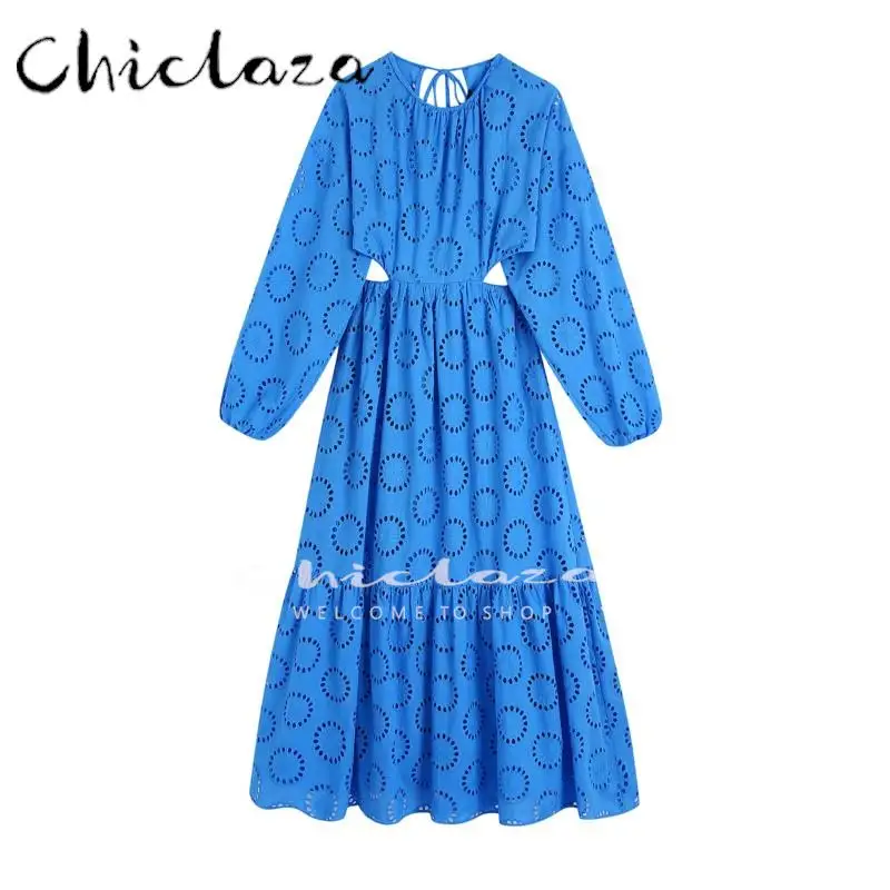 

CHICLAZA 2022 Summer Women Fashion Crew Neck With Embroidery Dress Female Vintage Solid Color Long Sleeve Front Buttons Dresses