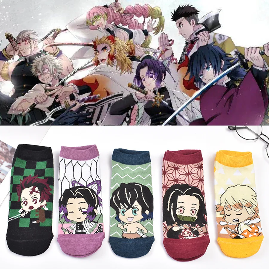 5 Pairs of New Anime Cartoon Ghost Slayer Socks Spring and Autumn Shallow Mouth Boat Socks Japanese Anime Foreign Trade Peripher