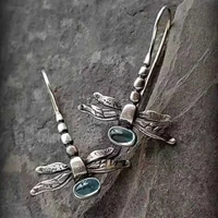 luxurious metal dragonfly earrings vintage silver color carving patterninlaid sea blue zircon crystal dangle earrings for women