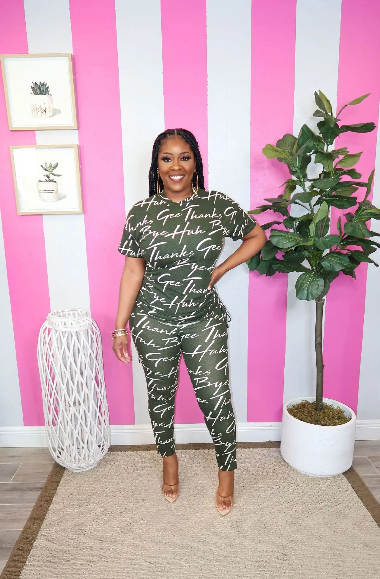 

Streetwear Two Piece Sets Womens Outifits Printed Lace-up Short-sleeved Top + Skinny Pencil Set Stylish Women's Matching Outfit