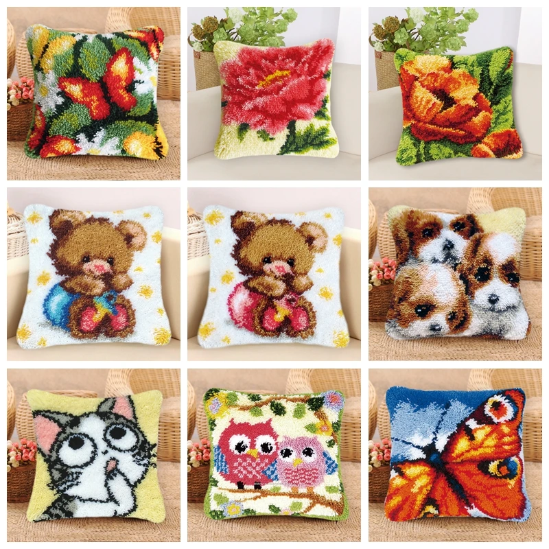

3D Segment Embroidery Pillow Latch Hook Bear Series DIY Wool Latch Hook Rug Kits Handcraft Carpet Embroidery Supplies Creative