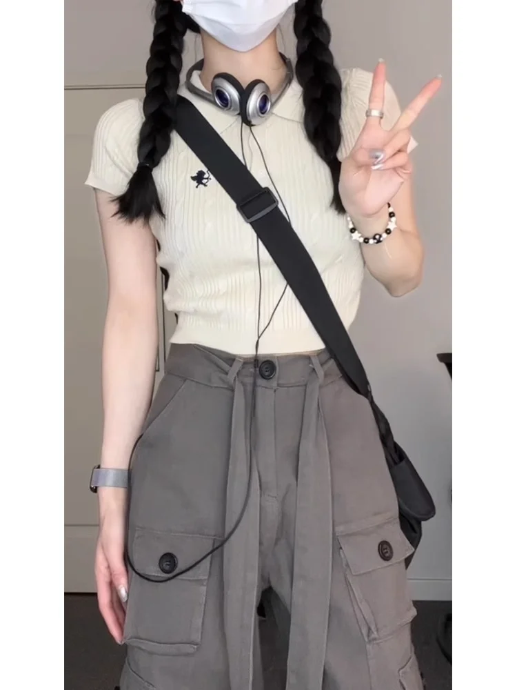 Женская Винтажная Футболка-поло с коротким рукавом и высокой талией