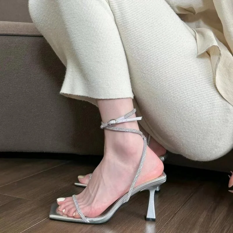 Female Shoes on Sale 2023 Fashion Women's Sandals Summer Square Toe Open Toe Buckle Sandals Elegant Party Ladies High Heels