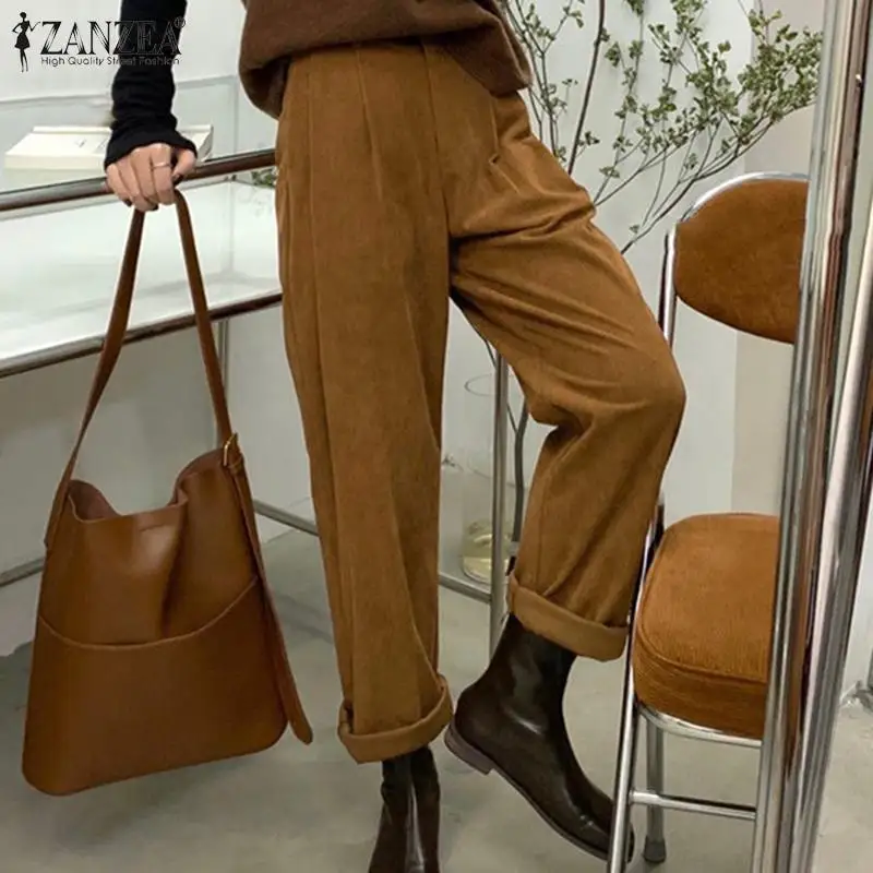 

Casual OL Baggy Long Pantalon Oversized ZANZEA Vintage Corduroy Pants Women Solid Maxi Trousers Spring Autumn Straight Palazzo