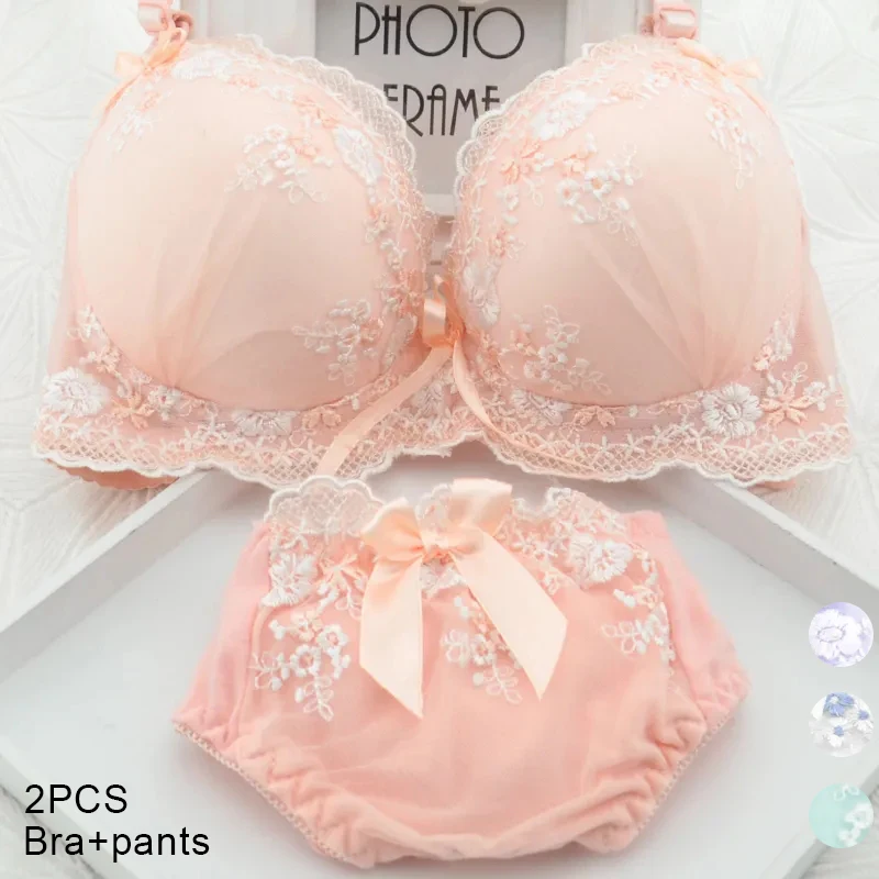 

Sexy Lace Underwear Sets Girl Push Up Bra Seamless Bras and Panty Floral Pink Lingerie Suit Teen Girl Kawaii Bralette Gathered