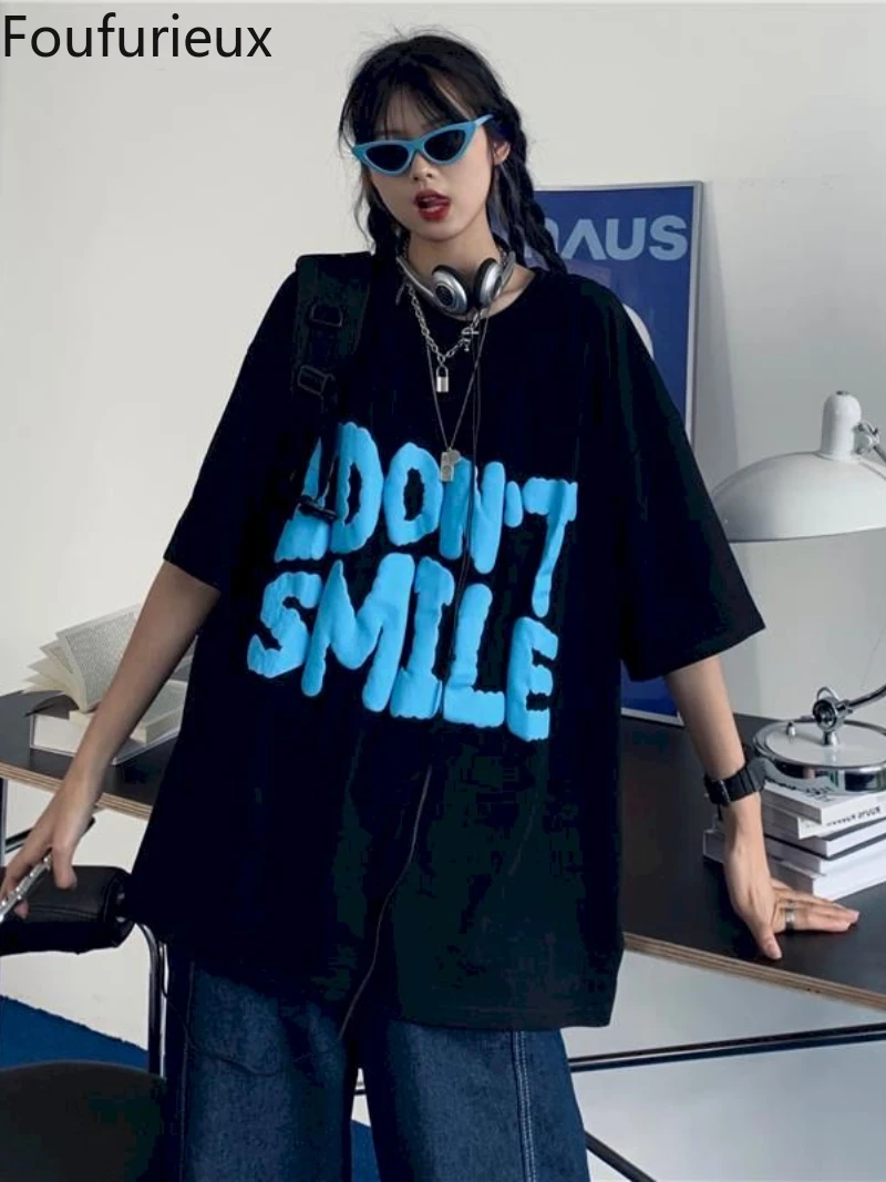 

Женская хлопковая футболка с коротким рукавом, свободного покроя