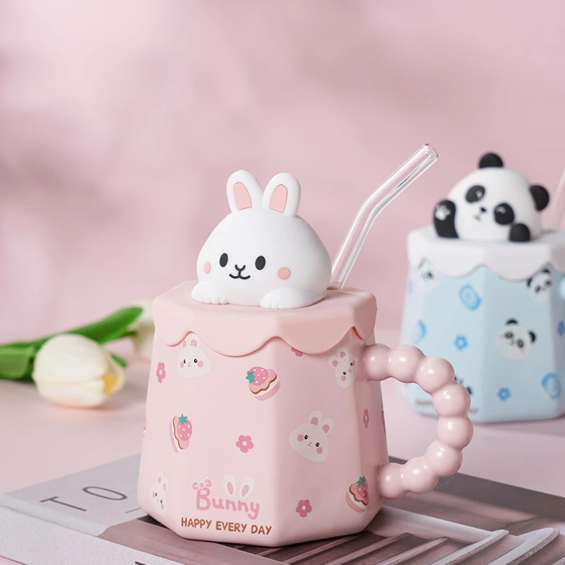 

Cute Cartoon Ceramic Mug with Lid Coffee Breakfast Milk Mug Home Gift Mug