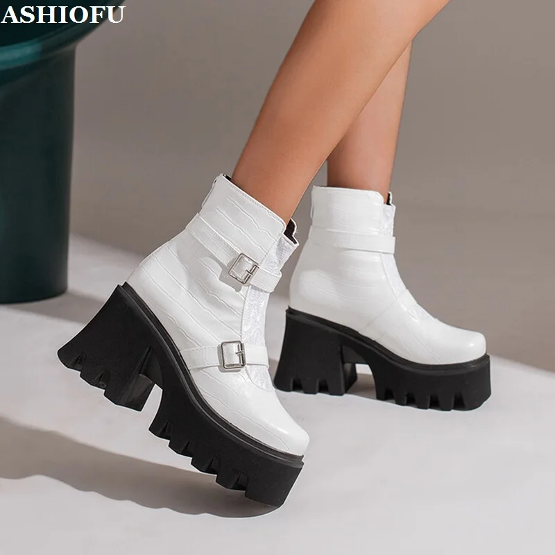 

ASHIOFU Handmade New Classic Womens Chunky Heel Ankle Boots Patchwork Buckle Strap Thick Sole Booties Evening Fashion Sexy Shoes