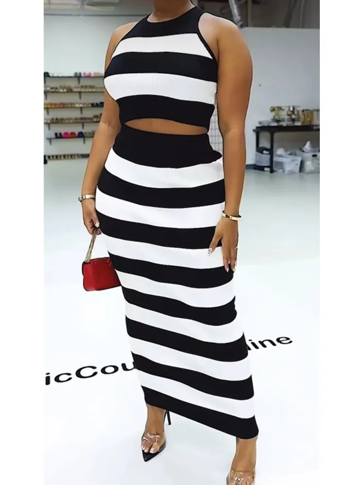 

Женский трикотажный облегающий костюм с юбкой средней длины, черно-белая обтягивающая трикотажная Клубная юбка в полоску, лето 2023