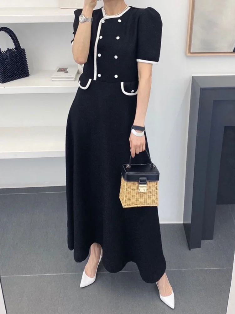 

Patchwork Colorblock Dress For Female O Neck Short Sleeve Button High Waist Long Dresses Women 2022 Summer Fashion Style M069