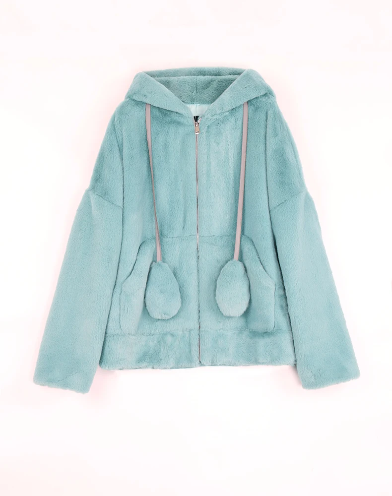 Nerazzurri Spring Fluffy Jacket with Rabbit Ears Raglan Sleeve Zipper Oversize Light Soft Harajuku Kawaii Faux Fur Hoodie 2022