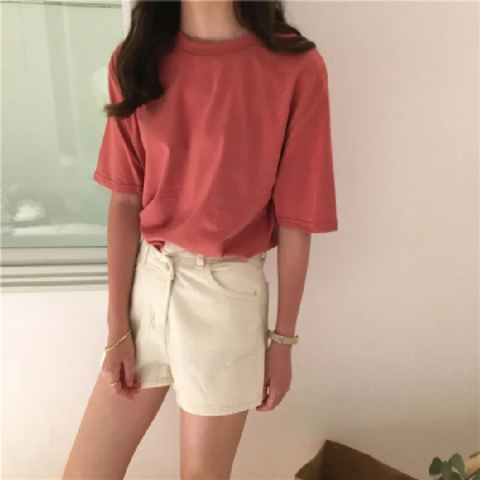 

Round Neck Solid Color Top Summer New Casual Short Sleeves grey