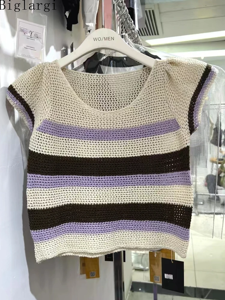 

Summer Fashion Hollowed Out Knitting Striped Blouse Women Office Casual Loose Korea Ladies Blouses 2022 Woman New Chic Tops