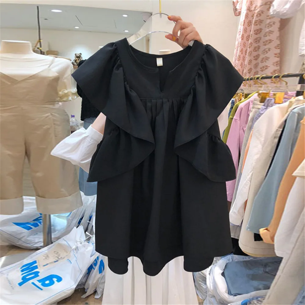 

2022 Summer Fashion Chic Women T-Shirt Short Sleeve Round Neck Pullover Slim Ruffle Pleated Patchwork Elegant T-shirt For Ladies