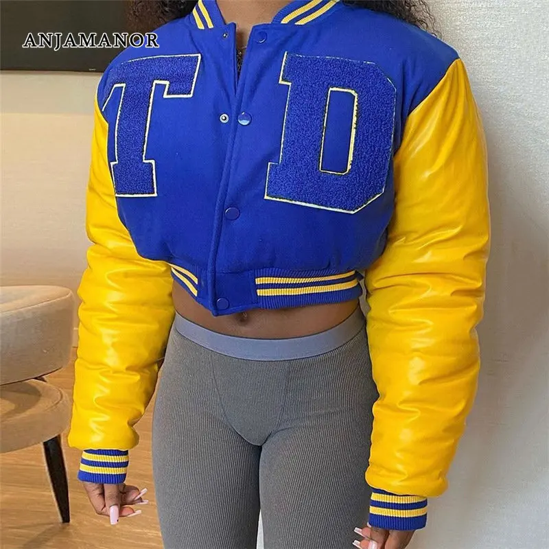 

ANJAMANOR Embroidered Letter Varsity Jacket Girls Winter Coat Crop Bubble Puffer Bomber Jackets Outwear Women Clothes D87-EG40