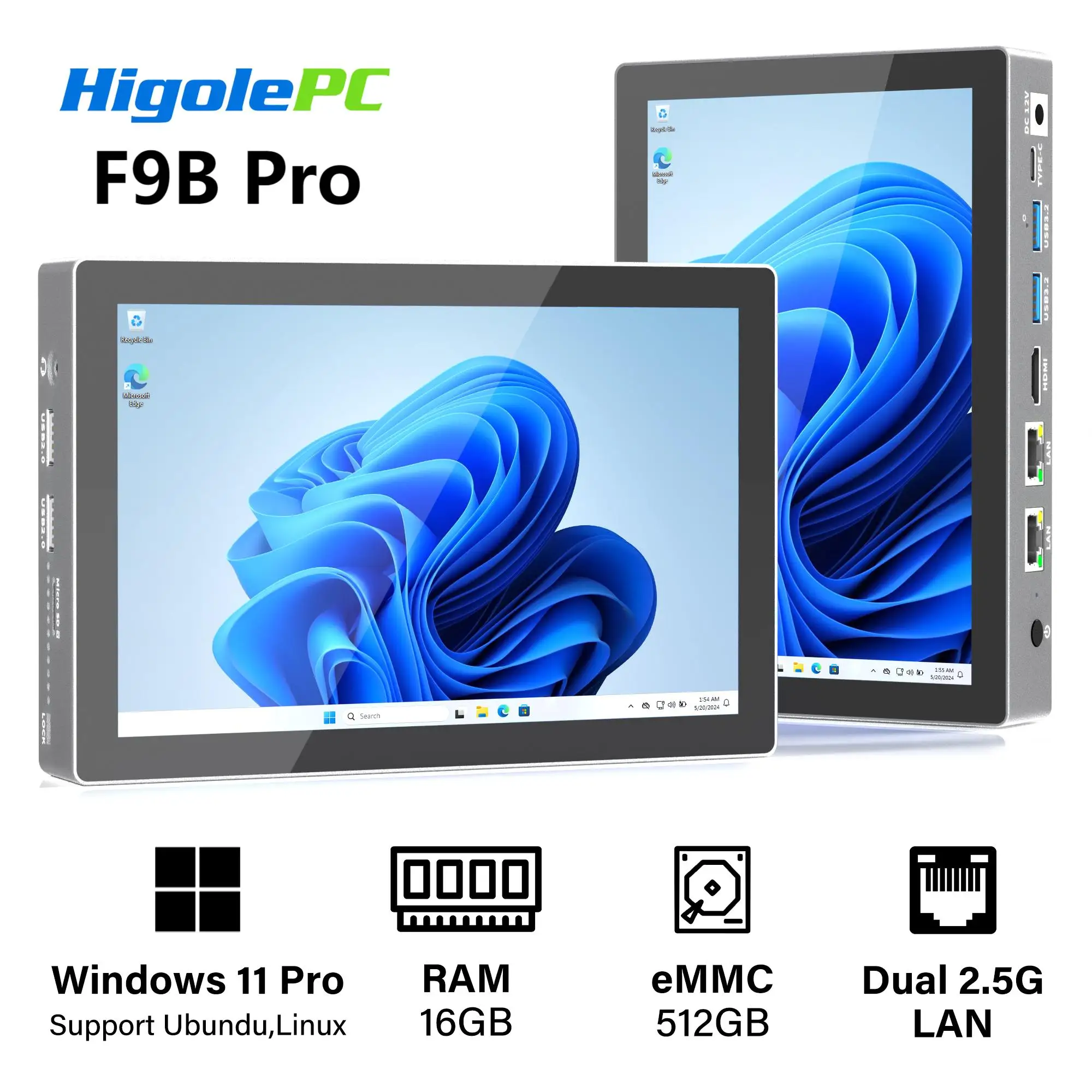 Мини-ПК Higole F9B Pro 7 дюймов Intel N100 Windows 11 Wi-Fi 5 16 ГБ 512 5000 мАч 4K
