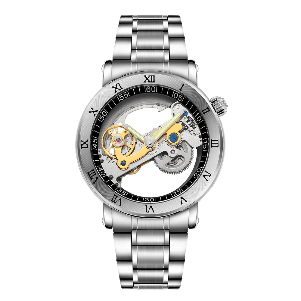 

Fashion Roman Numerals Transparent Dial Waterproof Wristwatch Luminous Pointer Leather Strap Mens Automatic Mechanical Watch