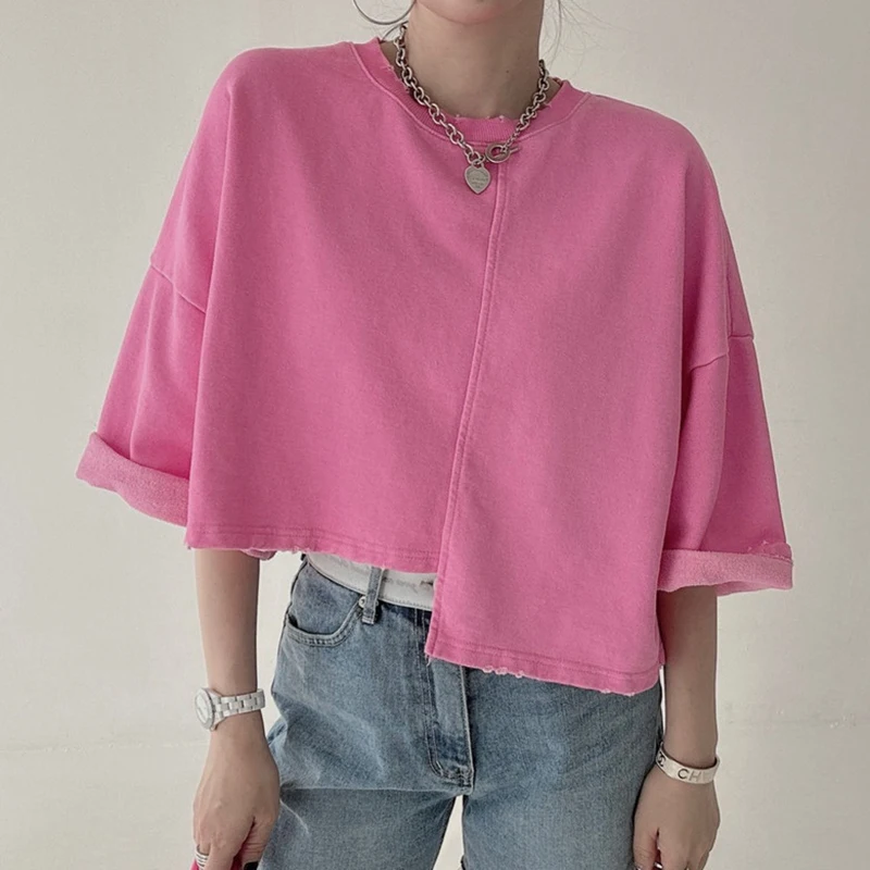 

Summer T-Shirts Women O-Neck Short Sleeve Casual Top Tees Loose Vintage Asymmetry Tops Tees Elegant Blue T Shirts