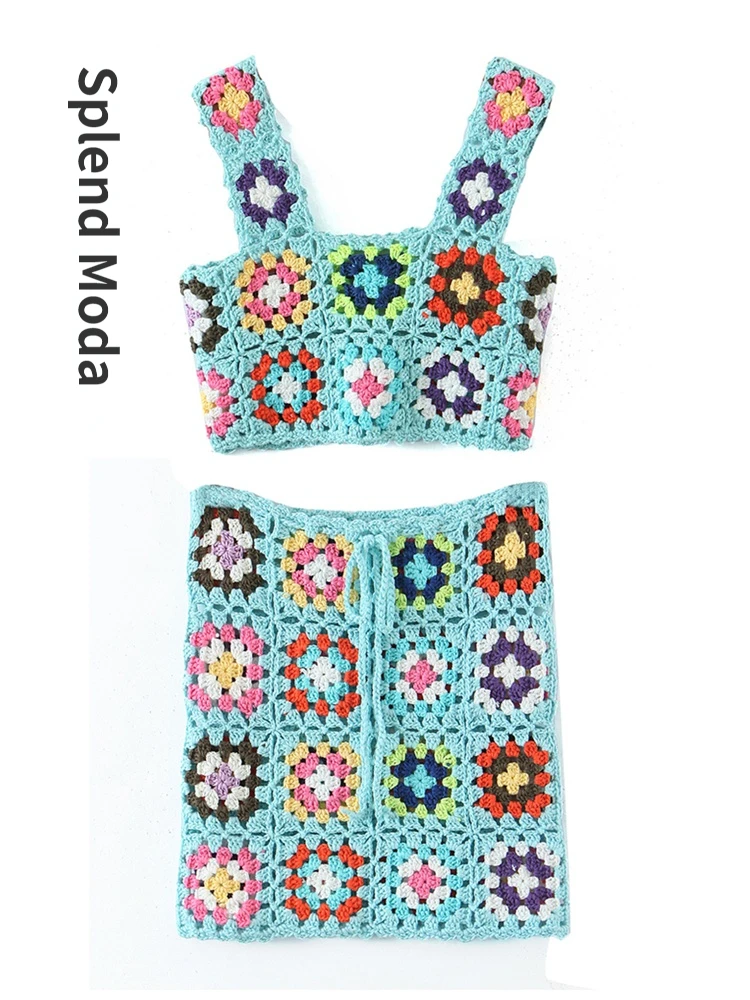 

Summer Ethnic Hand-Crocheted Colorful Hollow Square Contrasting Camisole Women Short Crop Top + Lace-Up Mini Skirt Suit