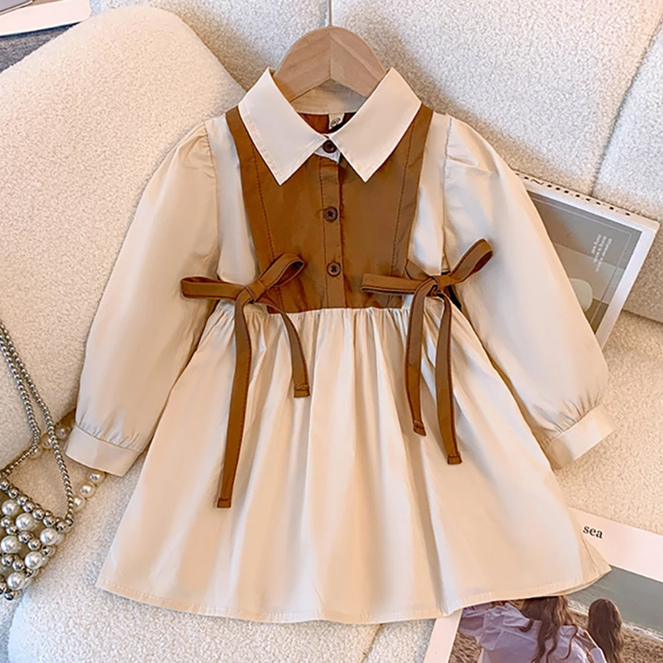 na moda jesienna dla małej dziewczynki z długim rękawem i kokardką kołnierzykiem swobodna koszula sukienka dzieci elegancki formalny strój