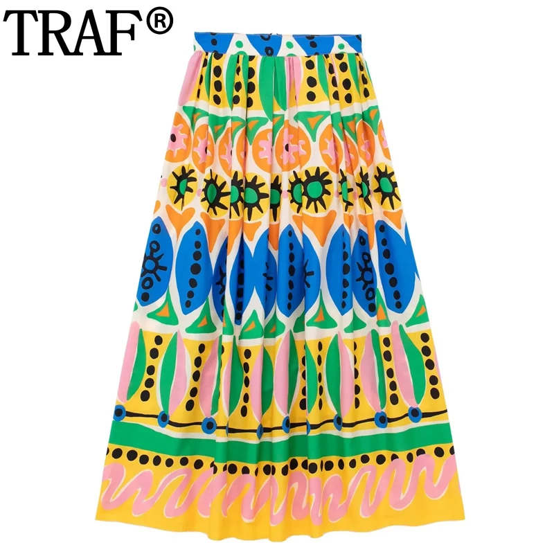 

TRAF 2023 Print Long Skirts For Women High Waist Pleated Skirt Woman Streetwear Loose Summer Skirt Sets Women's Beach Skirt
