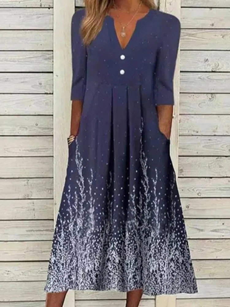 

Fashion Retro Pattern Print Pullover Dress 2022 Women Sexy V Neck Loose Mid Dress Summer Elegant Half Sleeve Party Dress Vestido