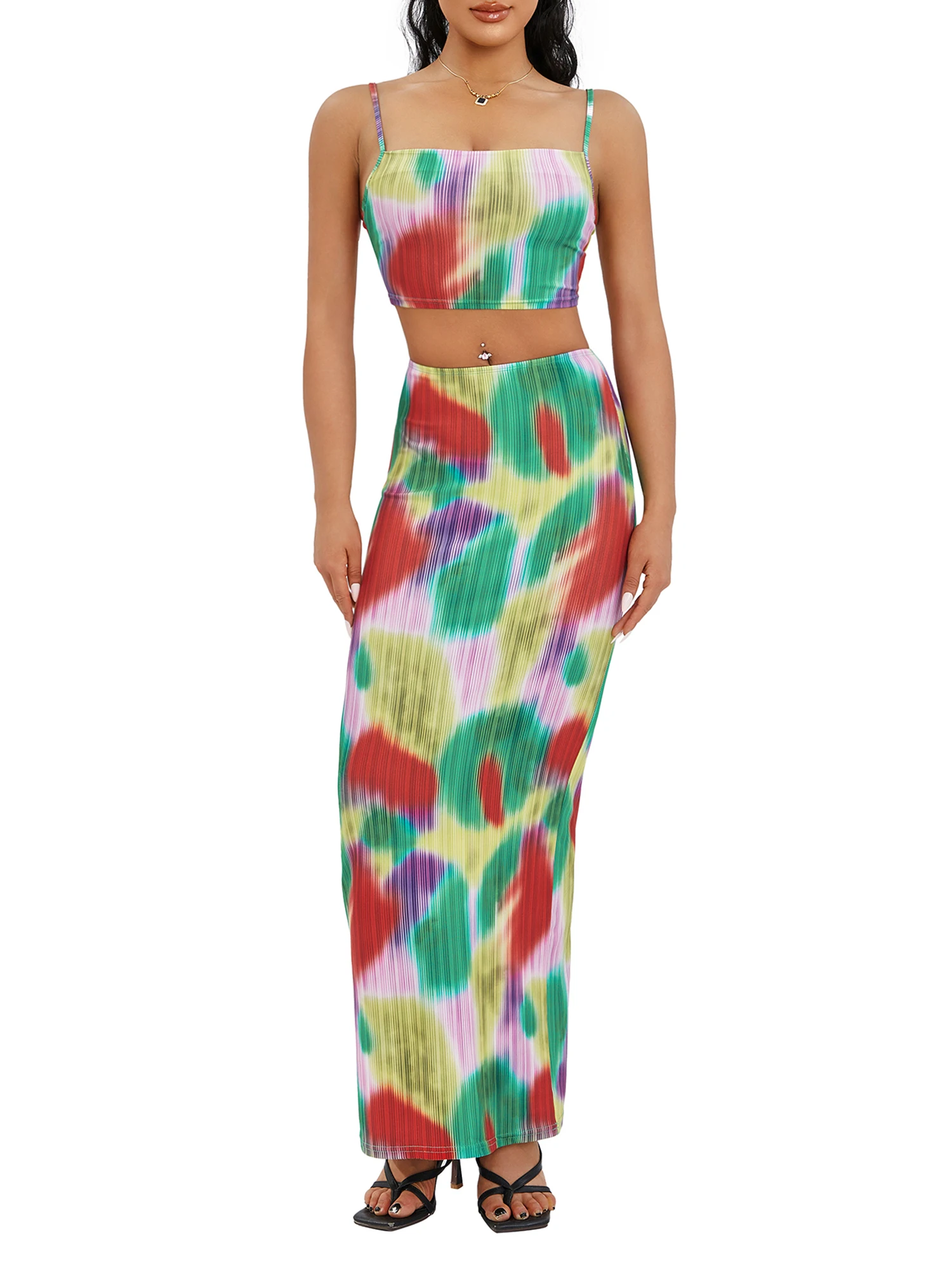

Женский укороченный топ с цветочным принтом и юбка миди с высокой талией для летнего отпуска, уличный стиль