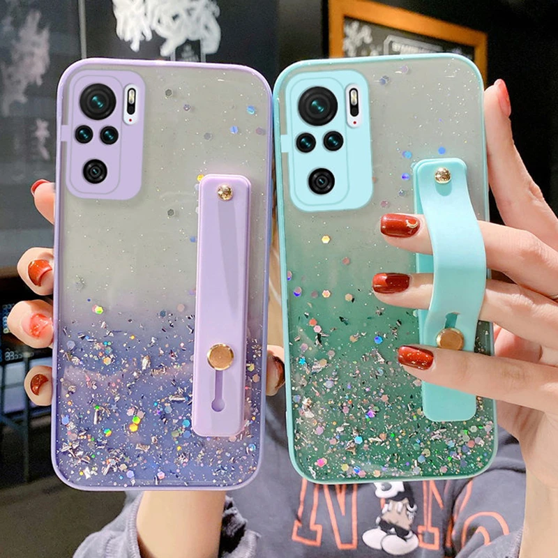 

Glitter Wrist Strap Phone Case For Xiaomi Mi POCO X3 NFC Pro Redmi Note 10 9 Pro Soft Shockproof Camera Protection Back Cover