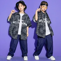 kid kpop hip hop clothing black print short sleeve shirt streetwear denim jeans baggy pants for girl boy dance costume clothes