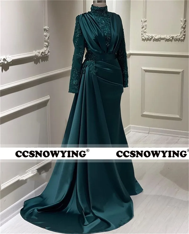 

Атласный хиджаб с аппликацией, мусульманские Вечерние платья с длинным рукавом, официальное платье русалки со съемным шлейфом и высоким воротником, арабское платье