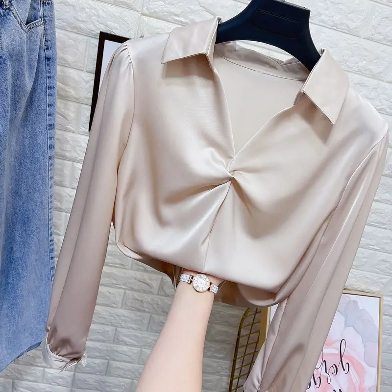 

Elegant Women Chiffon Shirt Korean Blouse Office Long Sleeve V Neck Tops Casual Vintage Pullovers Blusas 2023 stain shirts Q471