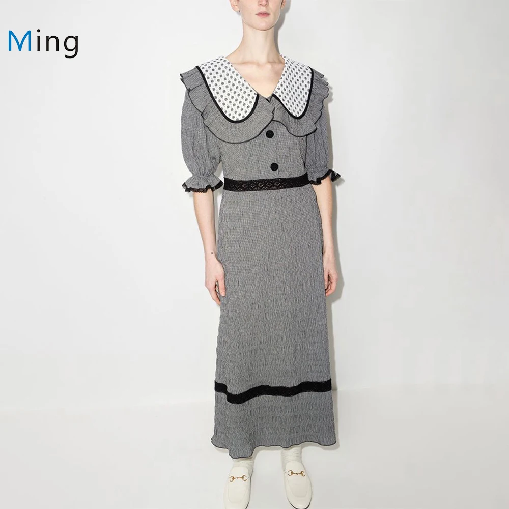 Women Lace Doll Collar Puff Sleeves Elegant Long Plaid Dress