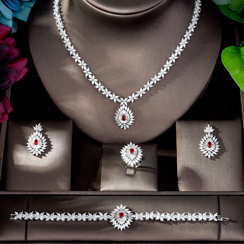 Fashion Luxury Bridal Jewelry Set Red Zirconia Water Drop Flower Necklace Earrings For Women Wedding Accessories Bijoux N-1201