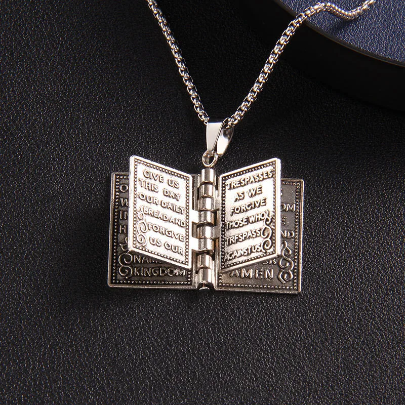 

Stainless Steel Chain Vintage Bible Cross Pendant Carved Bible Book Necklace Men and Women Christian Amulet Jewelry Wholesale