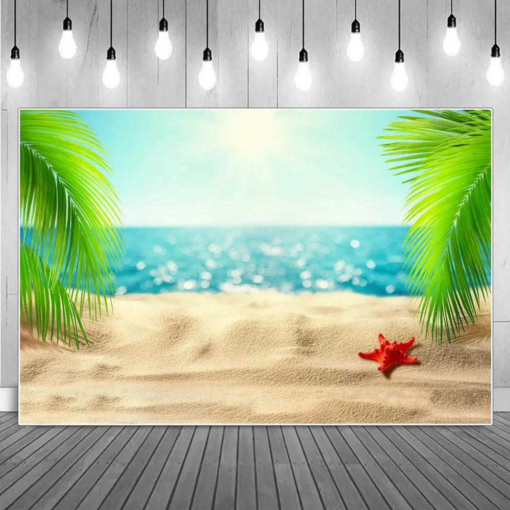 Close Shot Beach Sands Red Seastar Tropical Green Leaves Birthday Decoration Photography Backdrops Blue Ocean Party Backgrounds