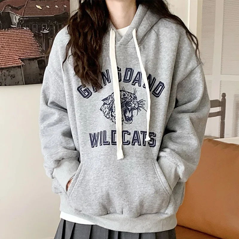 

Толстовки VONDA 2022 с винтажным принтом, теплые серые толстовки с длинным рукавом, повседневные плиссированные женские блузы, уличная одежда