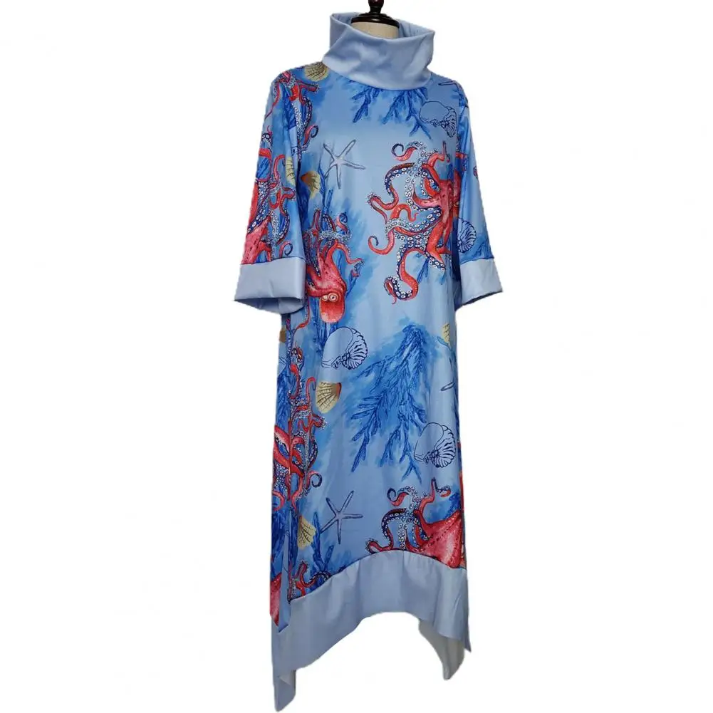 

Turtleneck Neck Midi Dress Retro Turtleneck Midi Dress Colorful Octopus Print Loose Fit Irregular Hem Women's Fashion Statement