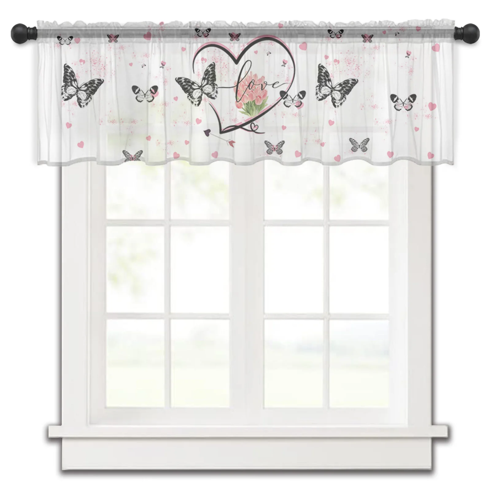 

Valentine'S Day Love Butterflies Flowers Kitchen Curtains Tulle Sheer Short Curtain Bedroom Living Room Home Decor Voile Drapes