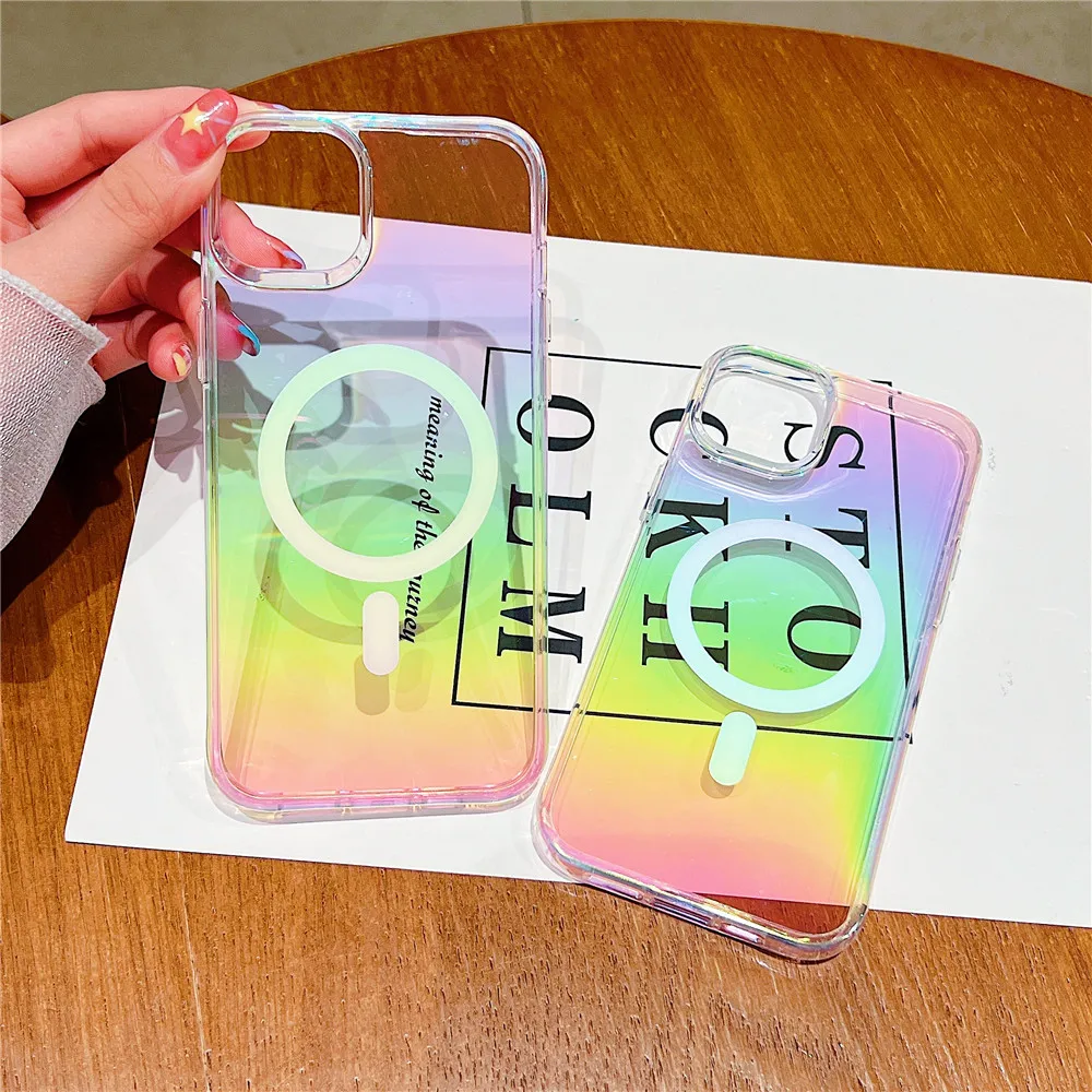 

Wireless Charging Laser Rainbow Magsafe Case For iPhone 14 13 12 11 Pro Max Plus X XS Max XR 7 8 Plus Transparent Magnetic Cover
