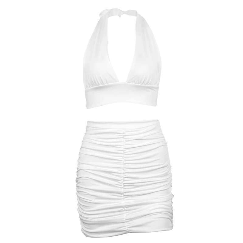 

New style Casual Two Piece Set with Pleated Tie Strap Design Bodycon Crop Top Party Dress